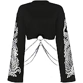 AULKEEP Gothic Women Cute Crop Tops Cool Dragon Graphic Sweatshirts Goth Punk Black Crewneck Sweatshirt