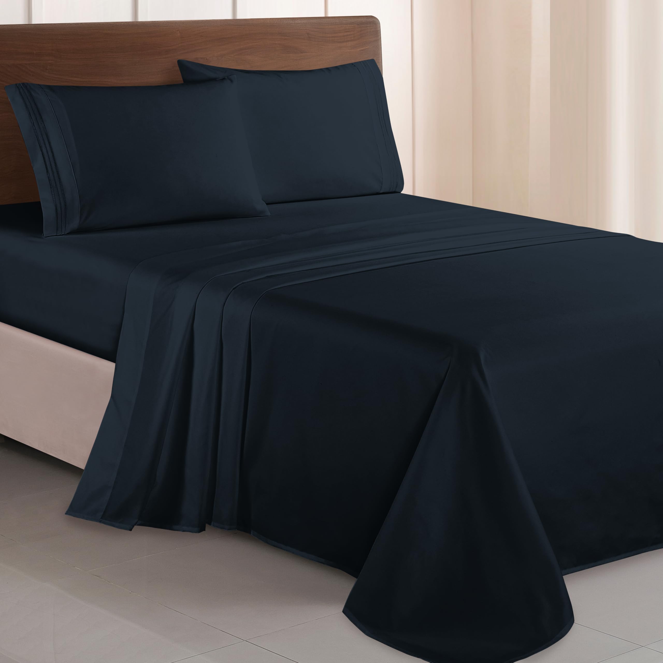 Elegant Comfort Luxurious 1500 Thread Count Egyptian Quality Three Line Embroidered Softest Premium Hotel Quality 4-Piece Bed Sheet Set, Wrinkle and Fade Resistant, Twin/Twin XL, Black