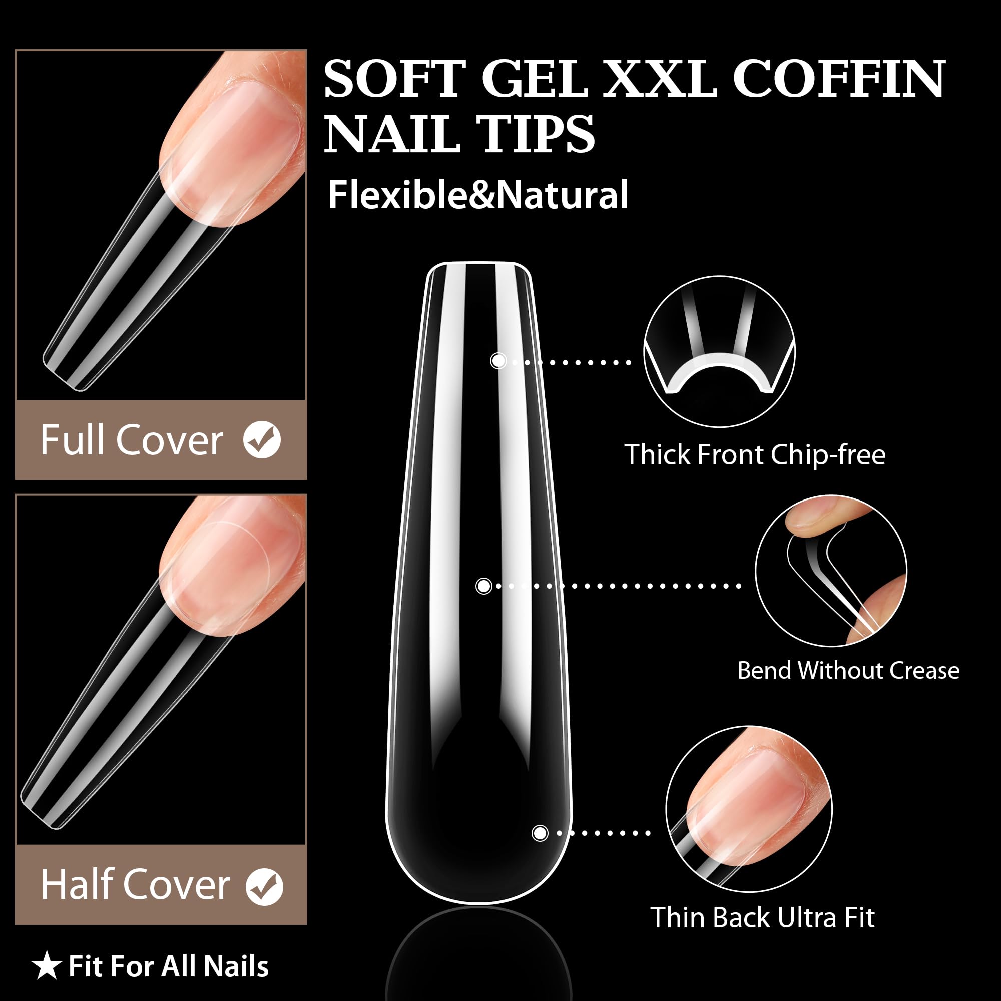 UNA GELLA Coffin Nails Tips Soft Gel Extra Long 216pcs XXL Full Nails Tips Coffin Shape Press On Nails No C Curve Full Cover Ballerina Nail Tip Full Clear False Fake Acrylic Nails with Case - Image 3