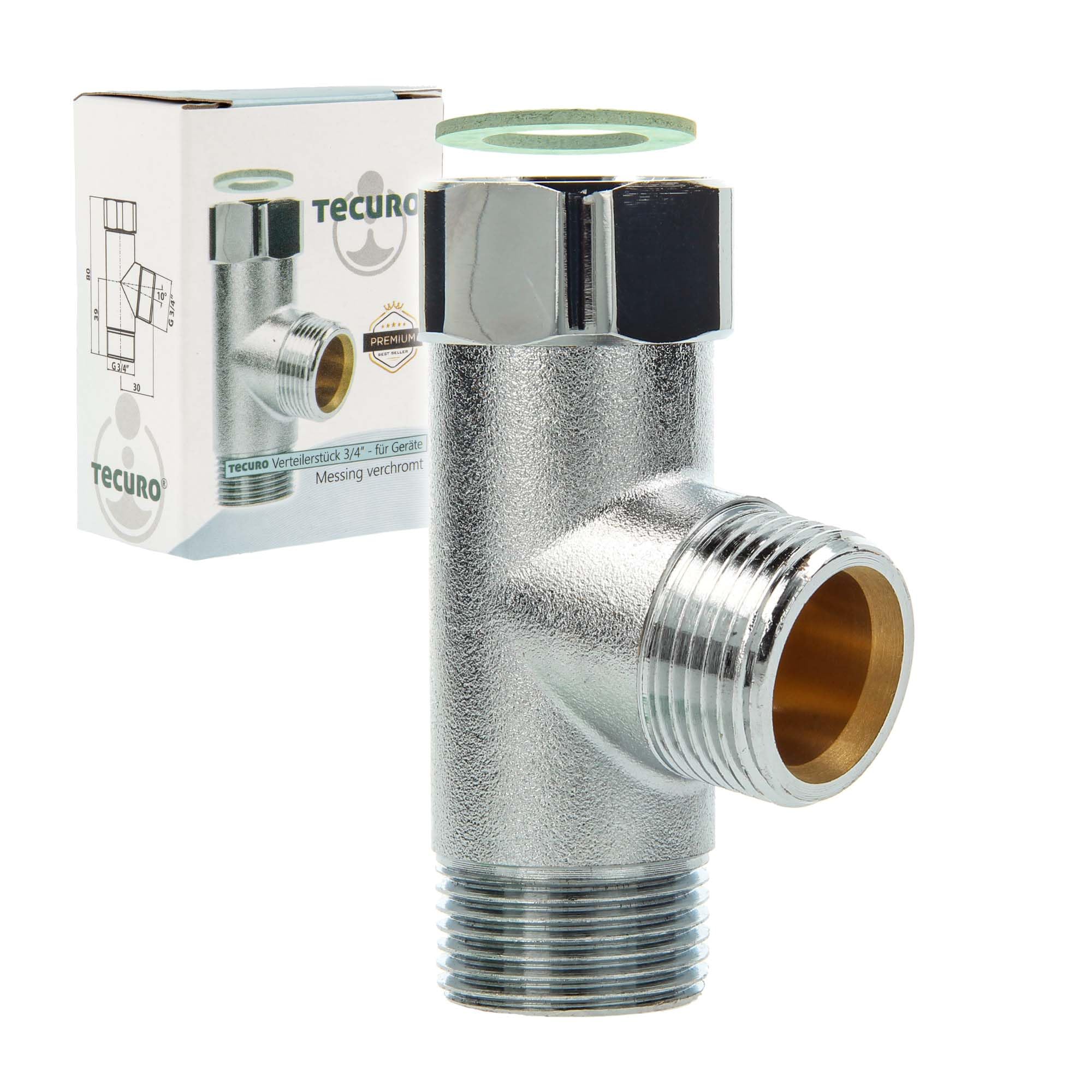 tecuro T-Piece for sub-Distribution on The Outlet tap with 3/4 inch Connection, matt Chrome-Plated Brass, Ideal for Device valves and Combination valves