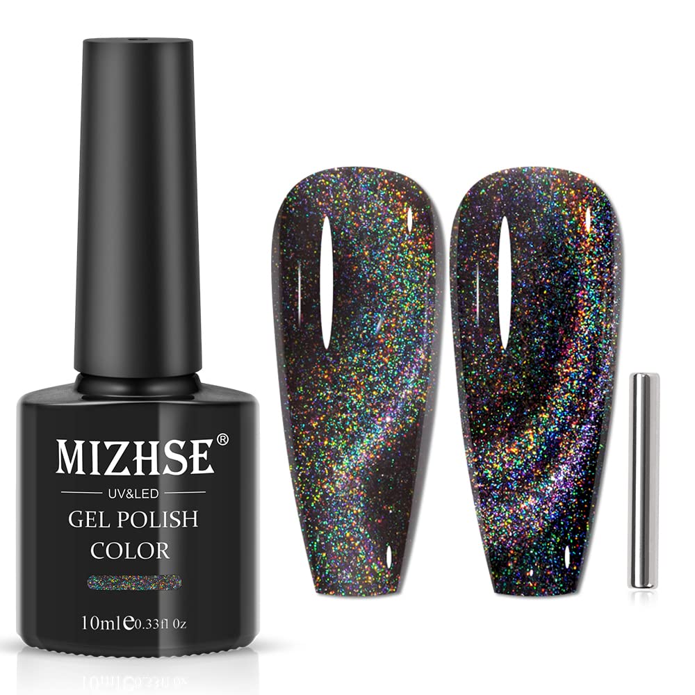 MIZHSE Black Rainbow Cat Eye Gel Polish Holographic 9D Cat Eye Nail Polish Sparkle Nail Gel Polish with Magnetic Stick Varnish Nail Art Nail Slon Manicure 10ML(0.33fl.oz)