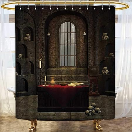 Anhounine Gothic Shower Curtain Customized Fantasy Theme Spell Casting Warlock Witch Skulls On Shelves Candles Spooky Scenery Fabric Bathroom Decor Set Hooks 69 X70 Red Brown Amazon Co Uk Kitchen Home