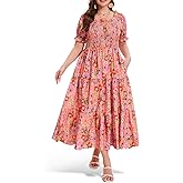 Women's Plus Size Casual Maxi Dress Square Neck Smocked Dress Short Puff Sleeve Floral Solid Summer Dress