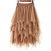 LBKKC Tulle Skirts for Women, Puffy Skirt Asymmetrical Midi Length Ruffled Tutu Layered Mesh Fairy Skirt