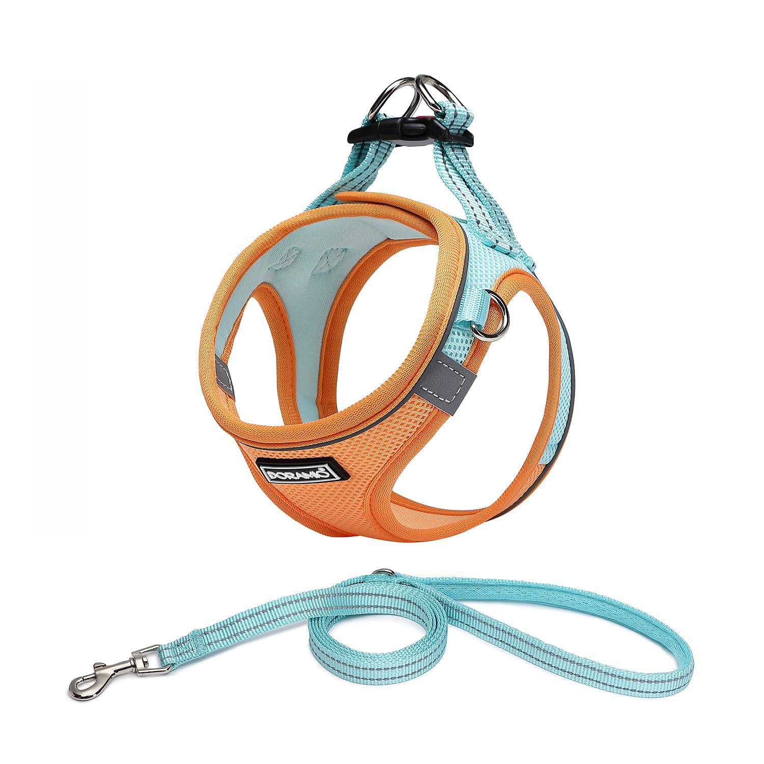 DORAMIO Step-in Dog Harness and Leash Set, No-Chock Soft Mesh Reflective Breathable Easy Walk Lightweight Vest Harnesses with Safety Buckle for Small Dogs, Cats, Puppies (XS, Orange Blue)