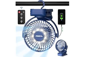 FRIZCOL Portable Clip on Fan 65 Working Hours, Camping Fan with LED Lights & Hook, 12000 Capacity Battery Operated Fan with Clamp, USB Rechargeable Fan for Desk, Tent, Treadmill, Stroller, Golf Cart, Home