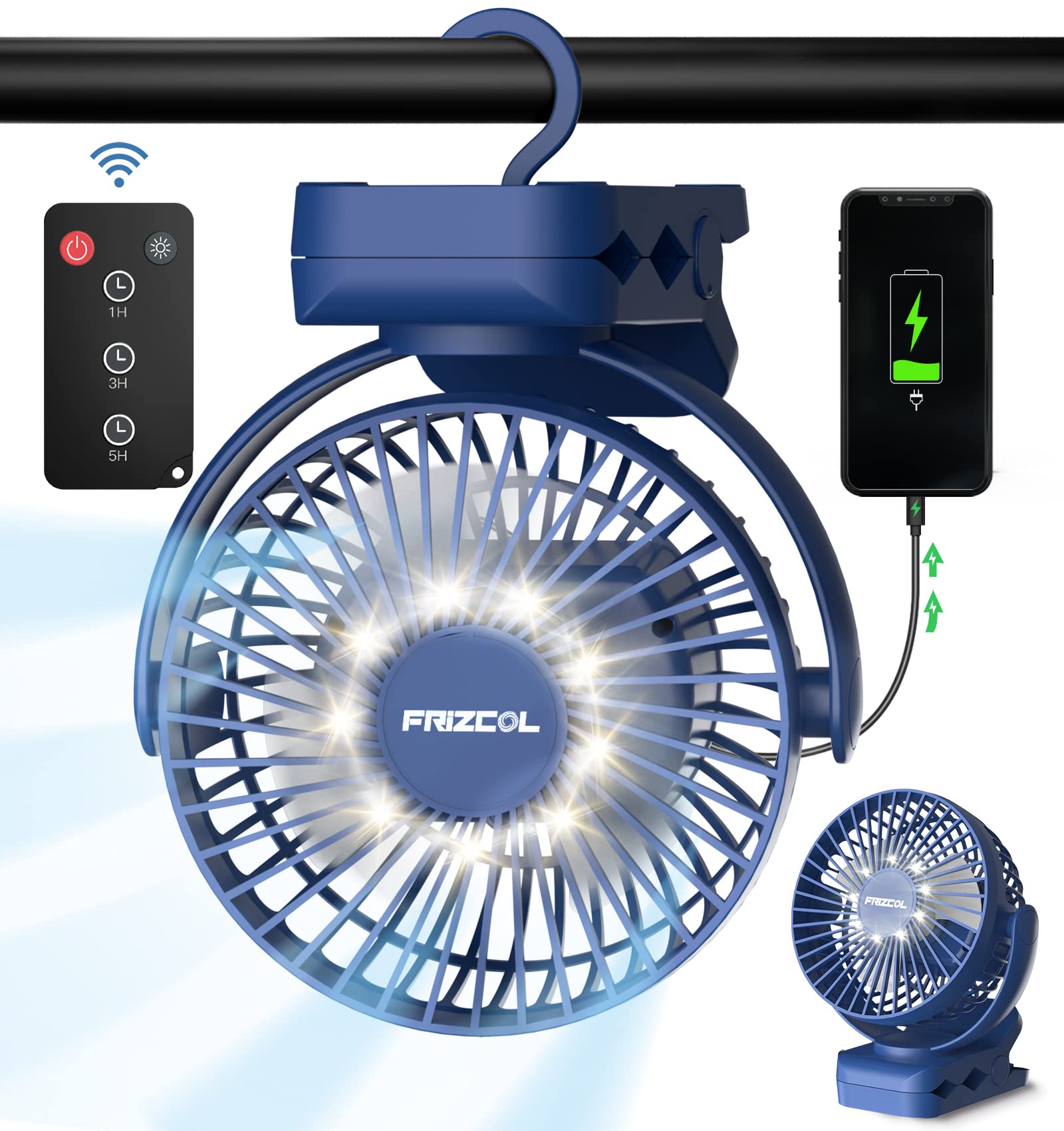 Portable Clip on Fan 65 Working Hours, Camping Fans with LED Lights & Hook, 12000 Capacity Battery Operated Fan with Clamp, USB Rechargeable for Desk, Tent, Treadmill, Stroller, Golf Cart, Home