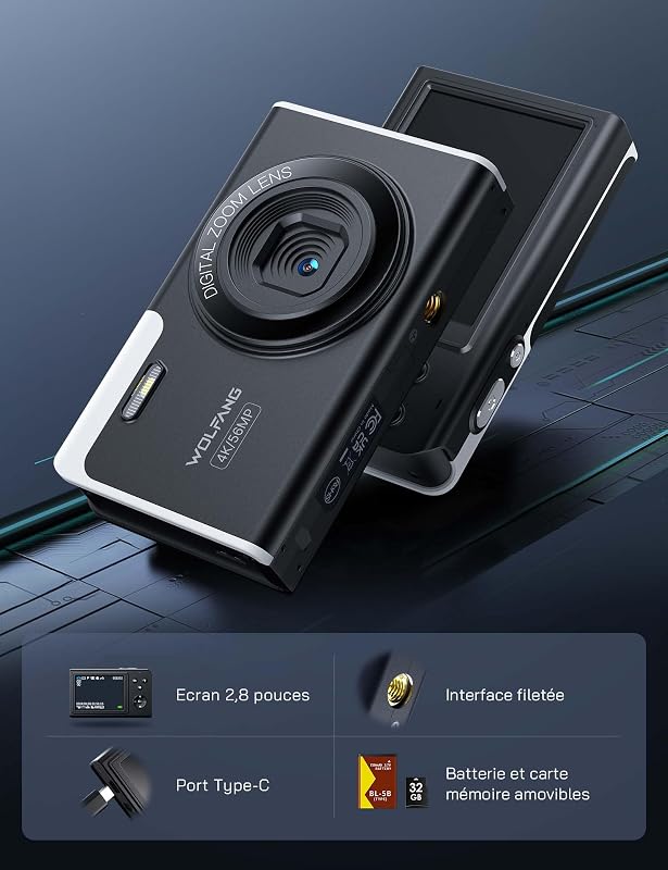 Appareil Photo numérique, caméra 4K pour Enfants, compacte 56 MP, vidéo Zoom numérique 16X, Point de Mise au Point Automatique et Appareil Photo numérique, Cadeau