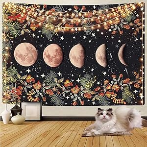 Moonlit Garden Tapestry - Moon Phase Tapestries, Cestbin Flower Vine Plant Tapestry Black Starry Night Sky Star Colorful Floral Tapestry Wall Hanging for Living Room Bedroom Dorm (Black, 51.2" x 59.1")