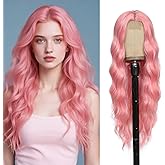 Angzon Light Pink Wig 26 Inch Long Wavy Wig for Women - Heat Resistant Synthetic Hair Middle Part Curly Wig Natural Look for Daily Party Cosplay Costume Use