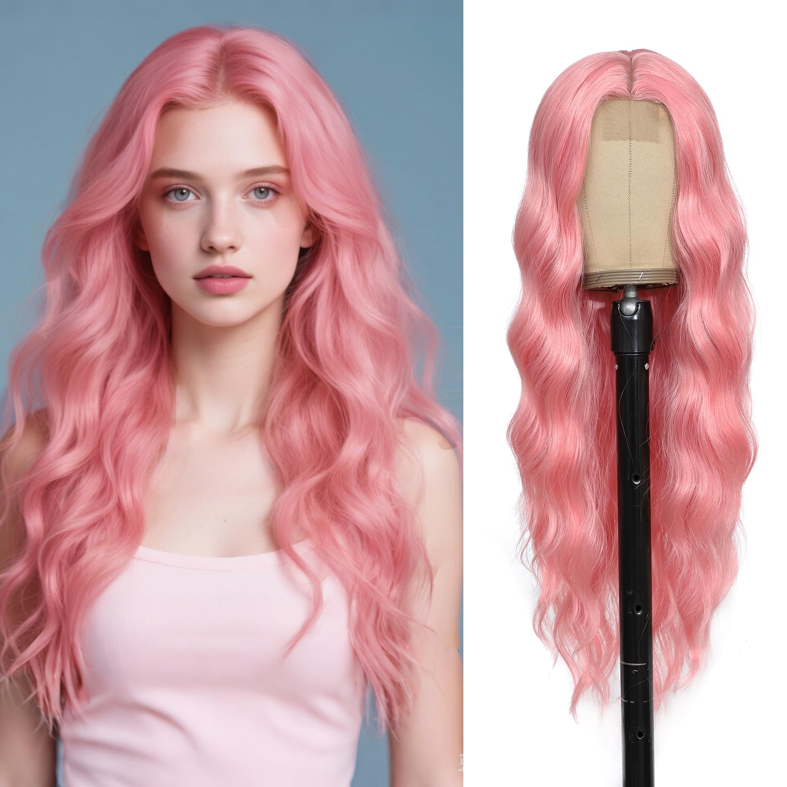 Photo 1 of Angzon Light Pink Wig 26 Inch Long Wavy Wig for Women - Heat Resistant Synthetic Hair Middle Part Curly Wig Natural Look for Daily Party Cosplay Costume Use