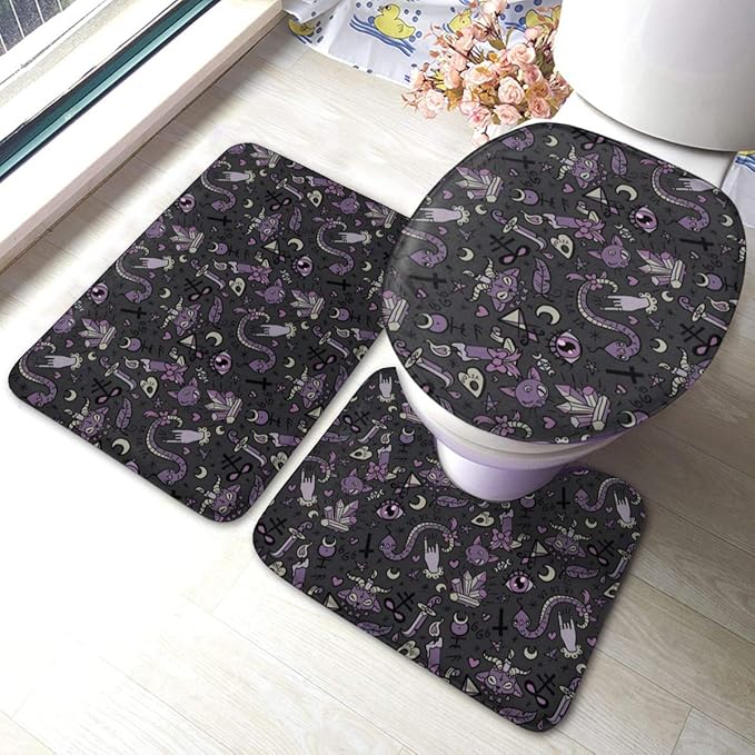 Amazon Com Purple Black Goth Spooky Soft Bathroom Rugs Set 3 Pcs Non Slip Absorbent Bath Mats U Shaped Contour Rug Mat Toilet Lid Cover Set Kitchen Dining