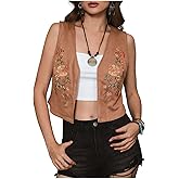 Verdusa Women's Floral Embroidery Open Front Cowgirl Vest Sleeveless Crop Vest Jacket