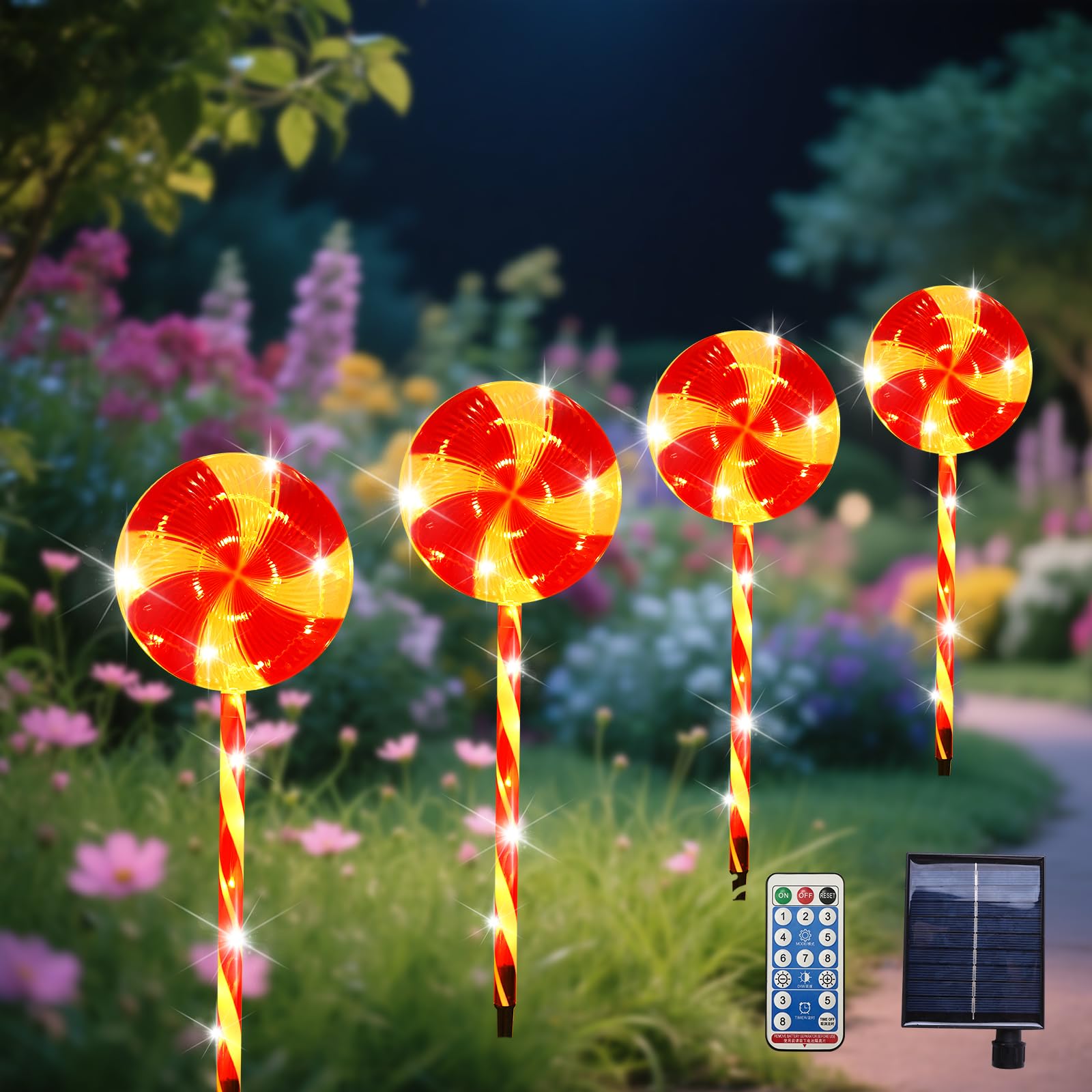 Solar Candy Lollipop Lights, 70CM, 4Pcs Waterproof LED Lights with USB Charging & 8 Modes for Yard, Walkway, Pathway, Lawn