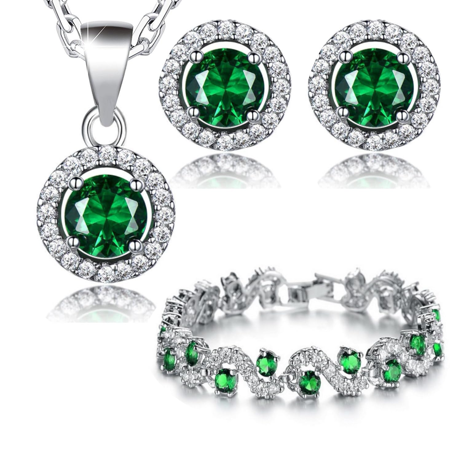 Crystalline Azuria Jewellery Sets for Women Wedding Jewellery Sets Bridal Set with Necklace and Earring for Bride Cubic Zirconia Bridesmaid Jewellery Green Simulated Emerald Jewellery