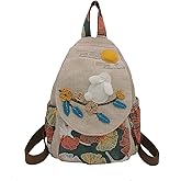 HUANGGUOSHU Women Cotton Woven Bohemian Hemp Boho Canvas Embroidery Multi Pocket Retro Cute Backpack Wallet Backpack（Red rose）