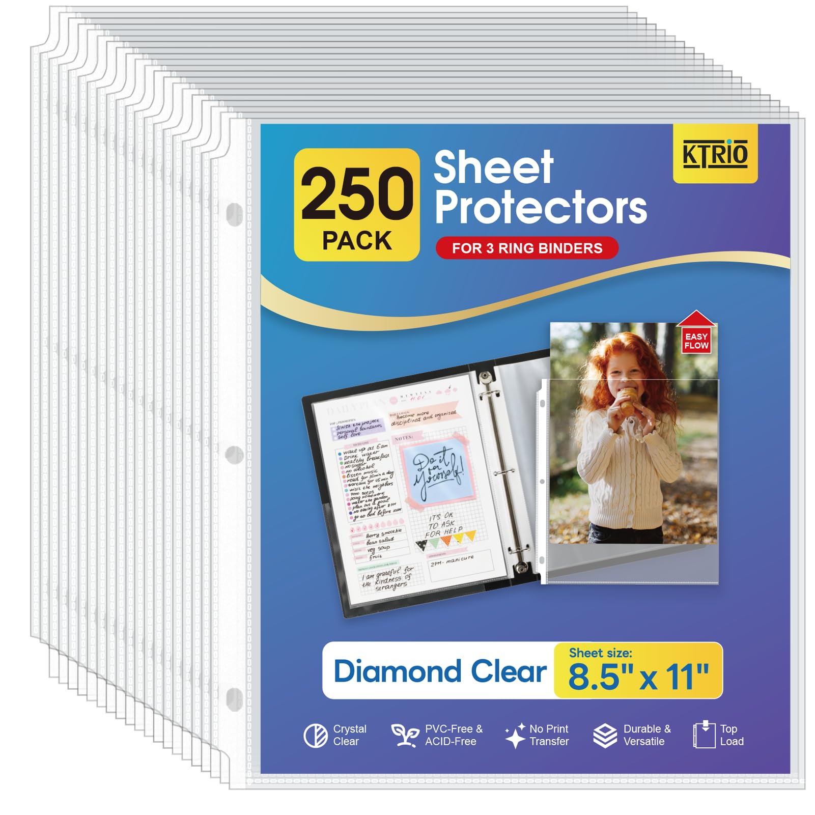 Photo 1 of KTRIO Sheet Protectors 8.5 x 11 inch, Clear Page Protector for 3 Ring Binder, Plastic Sleeves for Binders, Top Loading Paper Sheets Document Sleeve Letter Size, Office & Home, 250 Pack