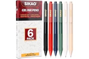 Sikao Fine Point Smooth Writing Pens, Super Soft Grip Quick Dry Black Gel Ink Pens, Ballpoint, Click Retractable Pens for Journaling, Note Taking - 6 Pack
