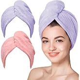 Hicober Microfiber Hair Towel Wrap for Women, Quick Dry,Purple Pink, 2-Pack | Soft, highly absorbent wrap helps hair dry faster and stays securely in place on curly, thick or long hair