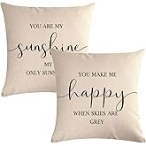 7COLORROOM Set of 2 Farmhouse Quote Words Pillow Cover You are My Sunshine/You Make Me Happy Pattern Cushion Cover Family Words Country Home Decorative Pillowcases 18" x 18" for Sofa Couch Porch