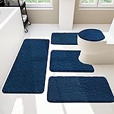 YIHOUSE Bathroom Rugs Mat Set 5 Piece Dark Blue, Memory Foam Bath Mats Sets, Non Slip Water Absorbent Washable Bath Rugs for Sink, Toilet and Floor
