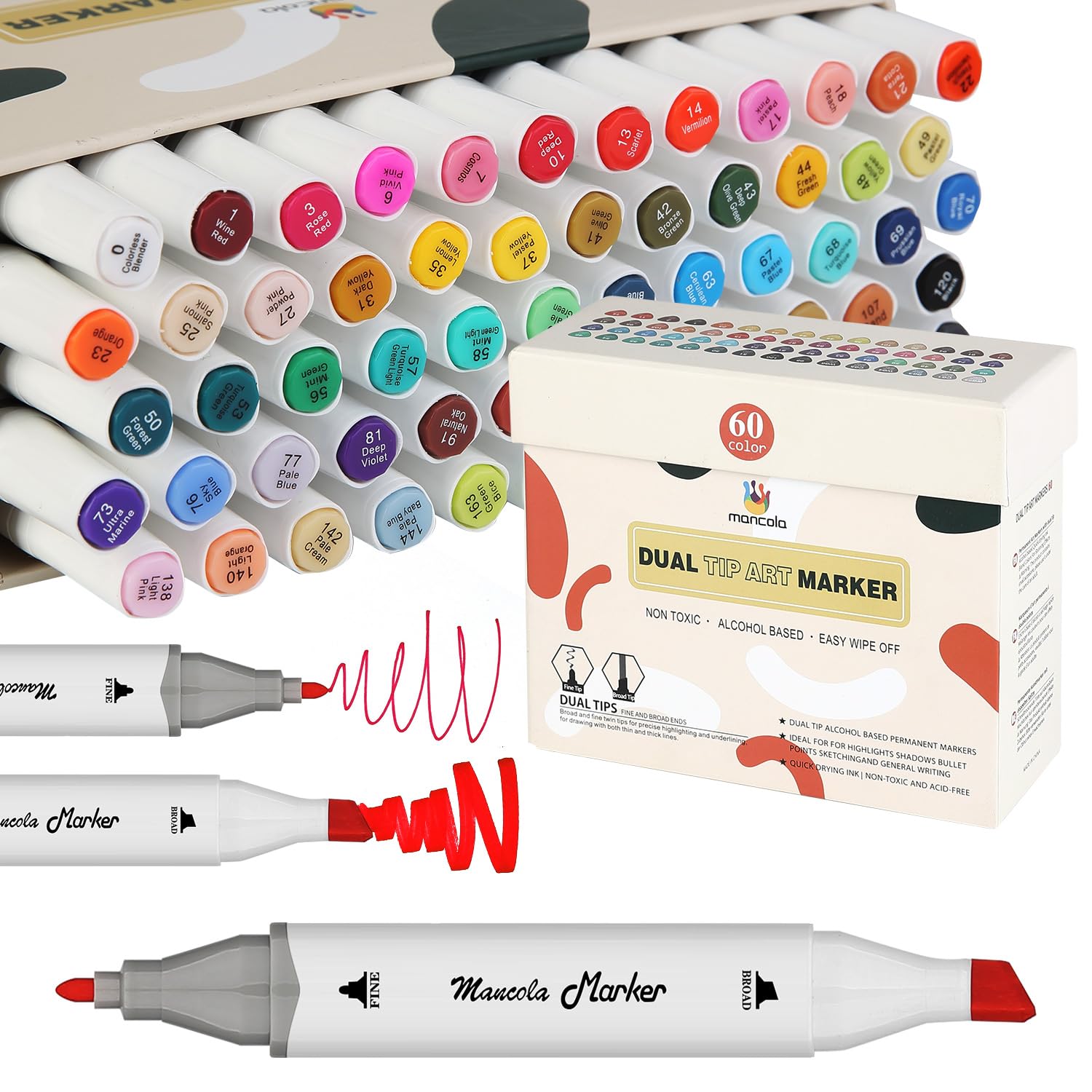 mancola Marker Pens 60 Colours Felt Tip Alcohol Markers with Dual Tips Permanent Colouring Pens for Adults Highlighting and Underlining MA-MK60