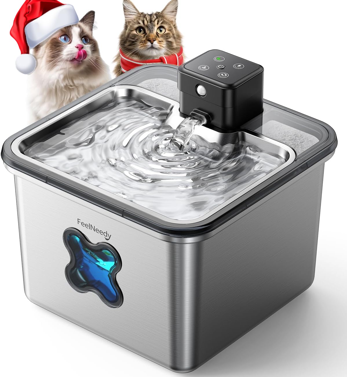 Cat Water Fountain Cordless: [Visual Filter] & [Heavy-Duty Stainless Steel] FEELNEEDY- Premium, Durable Design. 3.2L/108oz, 4000mAh Battery Operated Pet Fountain with Sensor, for Cats and Dogs Image