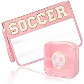 Sunnymove 2 Pcs Pink Soccer Gifts for Girls Cosmetic Bag with Chenille Letter Clear Soccer Makeup Pouch with Zipper PVC Travel Waterproof Portable Pouch for Girls Women Valentine Birthday