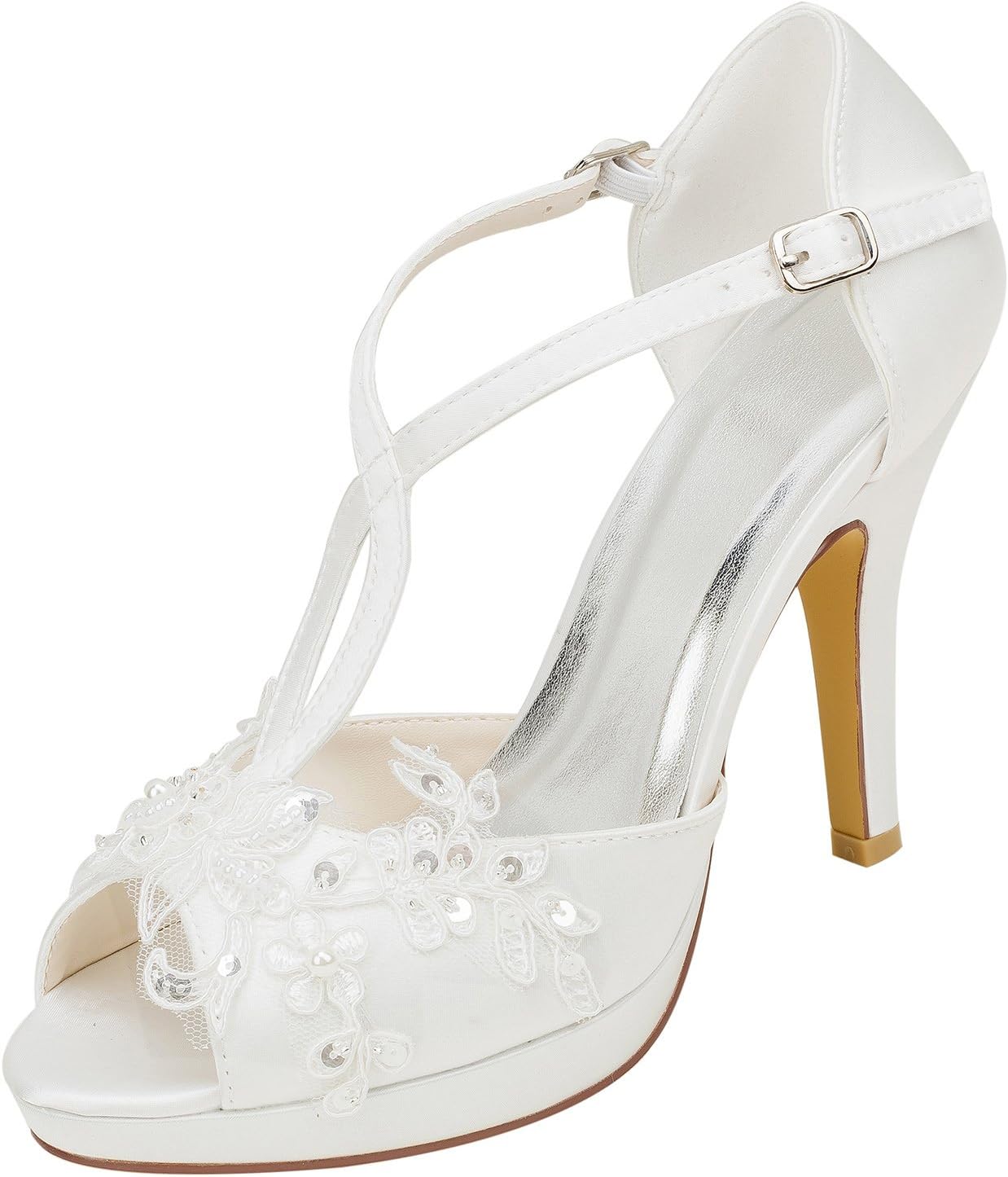 Emily Bridal Wedding Shoes Women's Silk Like Satin Stiletto Heel Peep Toe Platform with Stitching Lace Pearl