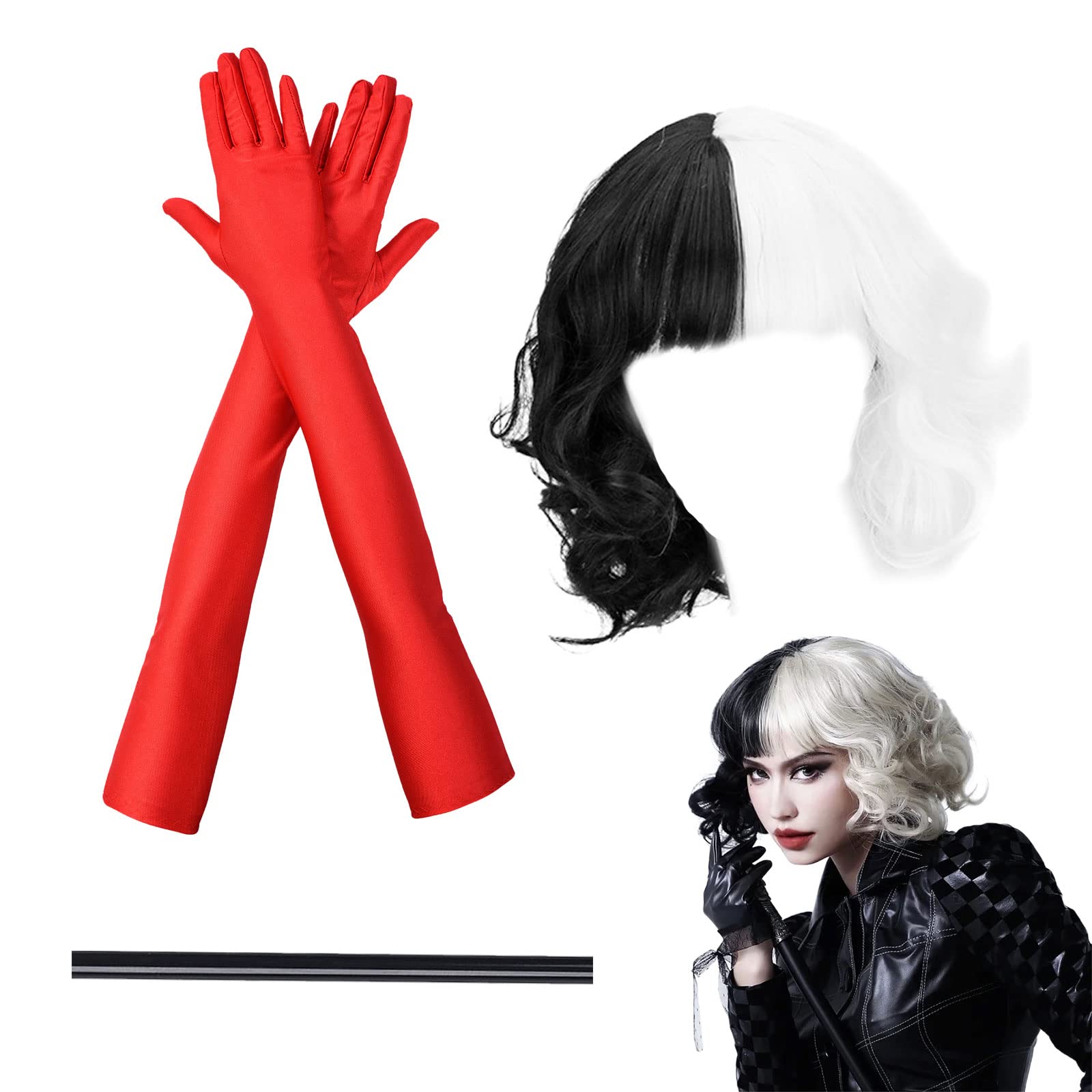 VIKSAUN 3 Pieces Women Black White Cosplay Wigs with 1920s Long Red Gloves and Holder Halloween Carnival Costume Vintage Fancy Dress Short Bob Party Wig(3 pcs) (VIKSAUN-hbdftz)
