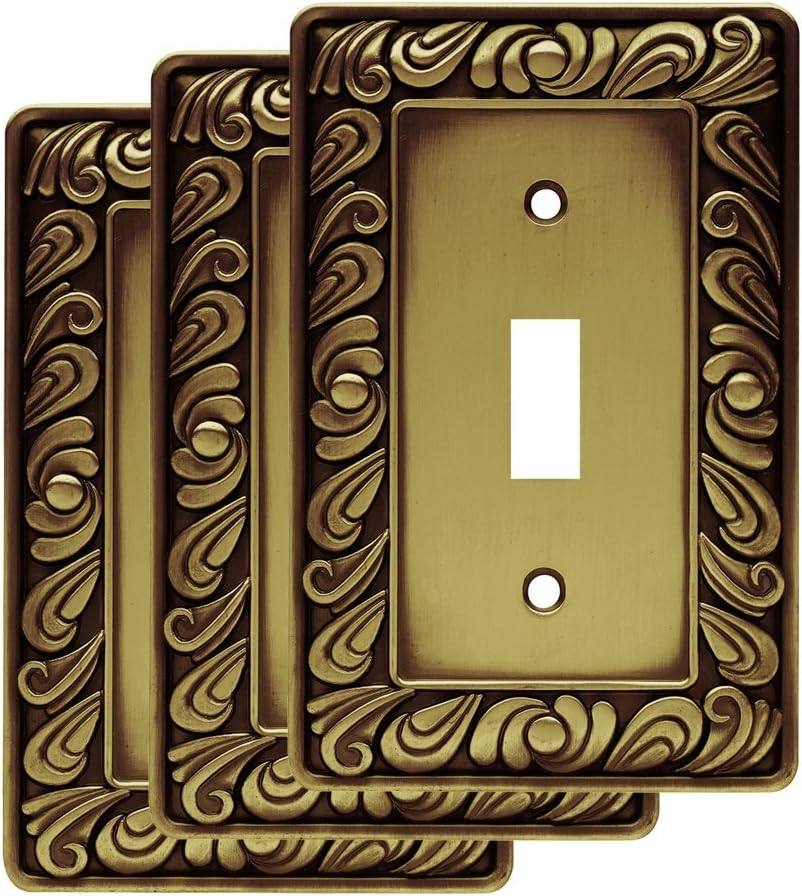 Franklin Brass W10108V-ABT-R Paisley Single Toggle Switch Wall Plate, Tumbled Antique Brass, Pack of 3