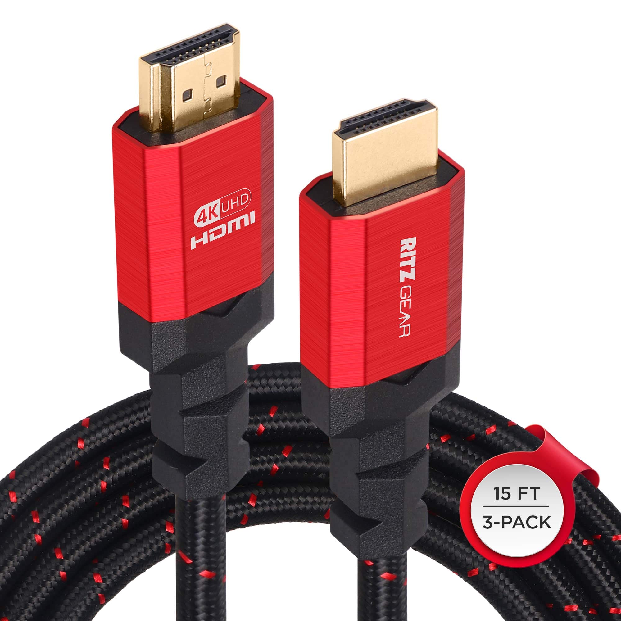 Ritz Gear 4K HDMI Cable 15 ft [3 Pack] Braided Nylon Cord & Gold Connectors, High Speed HDMI 2.0 with Ethernet, Compatible with PS5, PS4, PS3, Xbox, Roku, Apple TV, HDTV, Blu-ray, Laptop, PC, Monitor