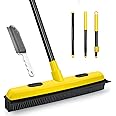 Dolanx Rubber Broom with Squeegee, Pet Hair Removal 52.8 inches Long Handle, Push Fur Remover Tool with Portable Detailing Lint Brush for Fluff Carpet, Window, Tile, Hardwood Floor Cleaning (Yellow)