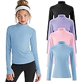 LessonZoo 4 Pack Girls Long Sleeve Athletic Shirts Kids Mock Turtleneck Raglan Tops Thumb Hole Activewear Sports Yoga Tees