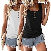 Zeagoo Womens 2026 Tank Tops 2 Pack U Neck Summer Sleeveless Tops Loose Fit Button Casual Henley Shirts