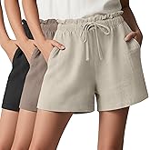 Neer 3 Pack Women's Linen Shorts with Pockets Drawstring High Elastic Waisted Wide Leg Loose Casual Summer Shorts