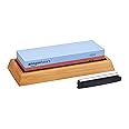 Amazon Basics Whetstone Knife Sharpening Wet Stone Dual Sided 400/1000 Grit with Non-Slip 1 Pc, Bamboo Base, Black & Grey