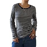Women Y2k Long Sleeve Striped Tee Vintage Aesthetic Crewneck Slim Fitted T Shirt Casual Fall Going Out Top Streetwear