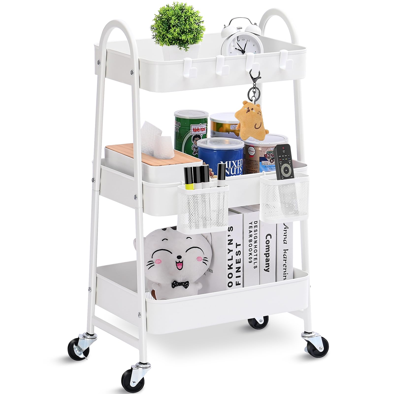 Photo 1 of KINGRACK 3-Tier Rolling Cart, Metal Rolling Storage Cart with Handle and Lockable Wheels, 2 Hanging Baskets & 4 Hooks, Utility Cart for Kitchen, Bathroom, Office, White