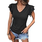 Womens Summer Tops Ruffle Short Sleeve Side Tie Drawstring V Neck T-Shirts Solid Color Casual Tunic Blouses Shirts