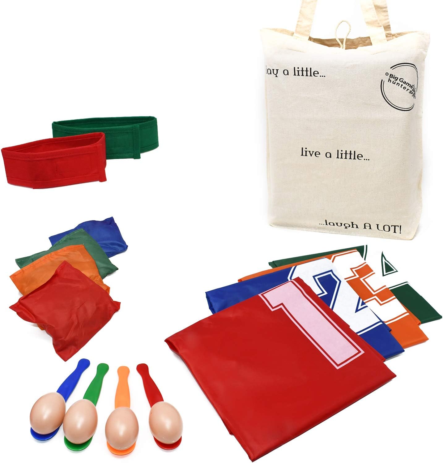 Party Sports Day Set - Sack Race, 3 Legged Race, Egg and Spoon Race, Bean Bags, Red, Blue, Yellow and Green, 73 x 52cm Sacks