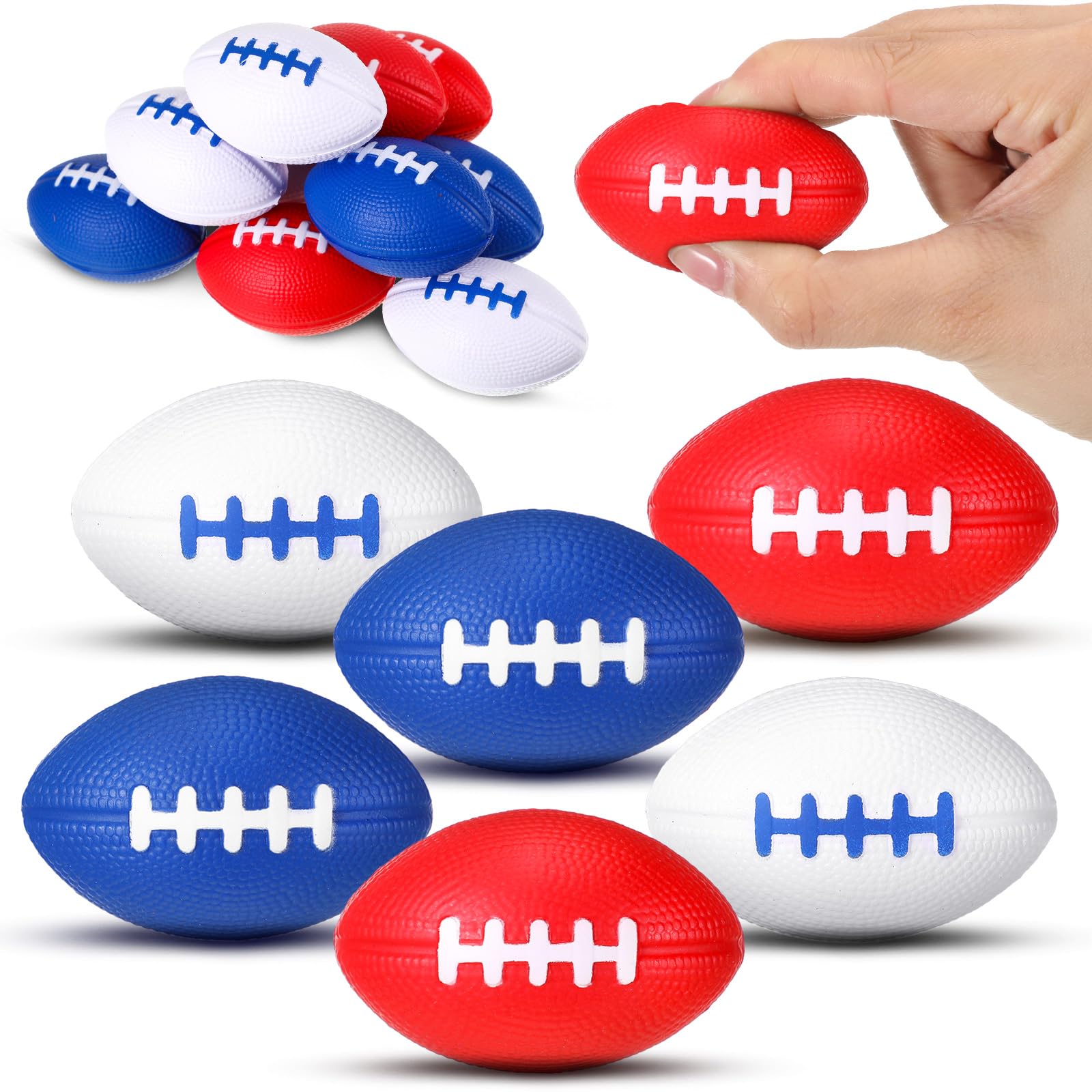 Photo 1 of Seenelling 12 Pack Mini Foam Football Sports Stress Ball Bulk Independence Day Foam Football Sport Themed Party Accessories Red White Blue Gift for Birthday Party Decorations Favors Soft Stress Relief