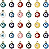 WenRity 63Pcs Gold Alloy Enamel Evil Eye Charms Turkish Blue Eye Charm Colorful Round Double-Sided Evil Eye Beads Charm Pendant for Diy Jewelry Earring Necklace Craft Making(9 Colors)