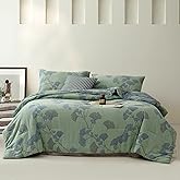 Purefair 100% Cotton Muslin Jacquard Comforter Set, Floral Ginkgo Leaves Print, Soft Lightweight Reversible 3 Piece Bedding Sets for All Season, Green Blue, King(104"x90")
