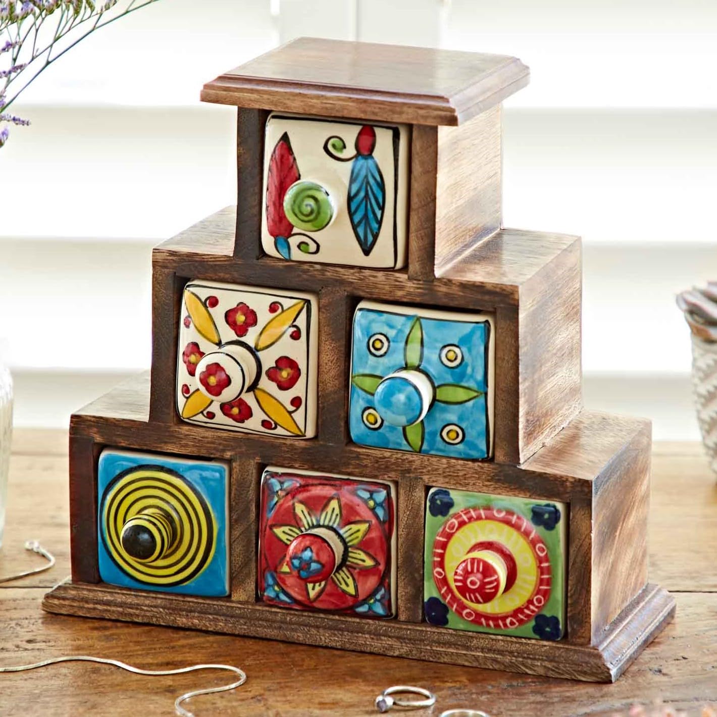 Hand Painted Multicoloured Ceramic 6 Drawer Pyramid Chest - 23.5 × 8.5 × 22.5 cm - Trinkets, Spices, Teas, Dried Herbs, Jewellery or Haberdashery Multifunctional Storage