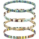 Jadive 4 Pcs Tila Flat Beaded Stretch Bracelets for Women Bohemian Friendship Bead Bracelets Glass Cute Boho Style Square Beaded Decorations for Jewelry Friend Gifts