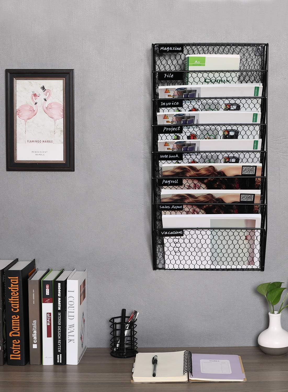 PAG 8 Pockets Wall File Holder Wall Mounted Mail Organizer Metal Chicken Wire Hanging Maganize Rack, Black : Office Products