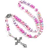 Needzo Floral Pink Cord Rosary, Colorful Prayer Bead Necklace, 16.5 Inches