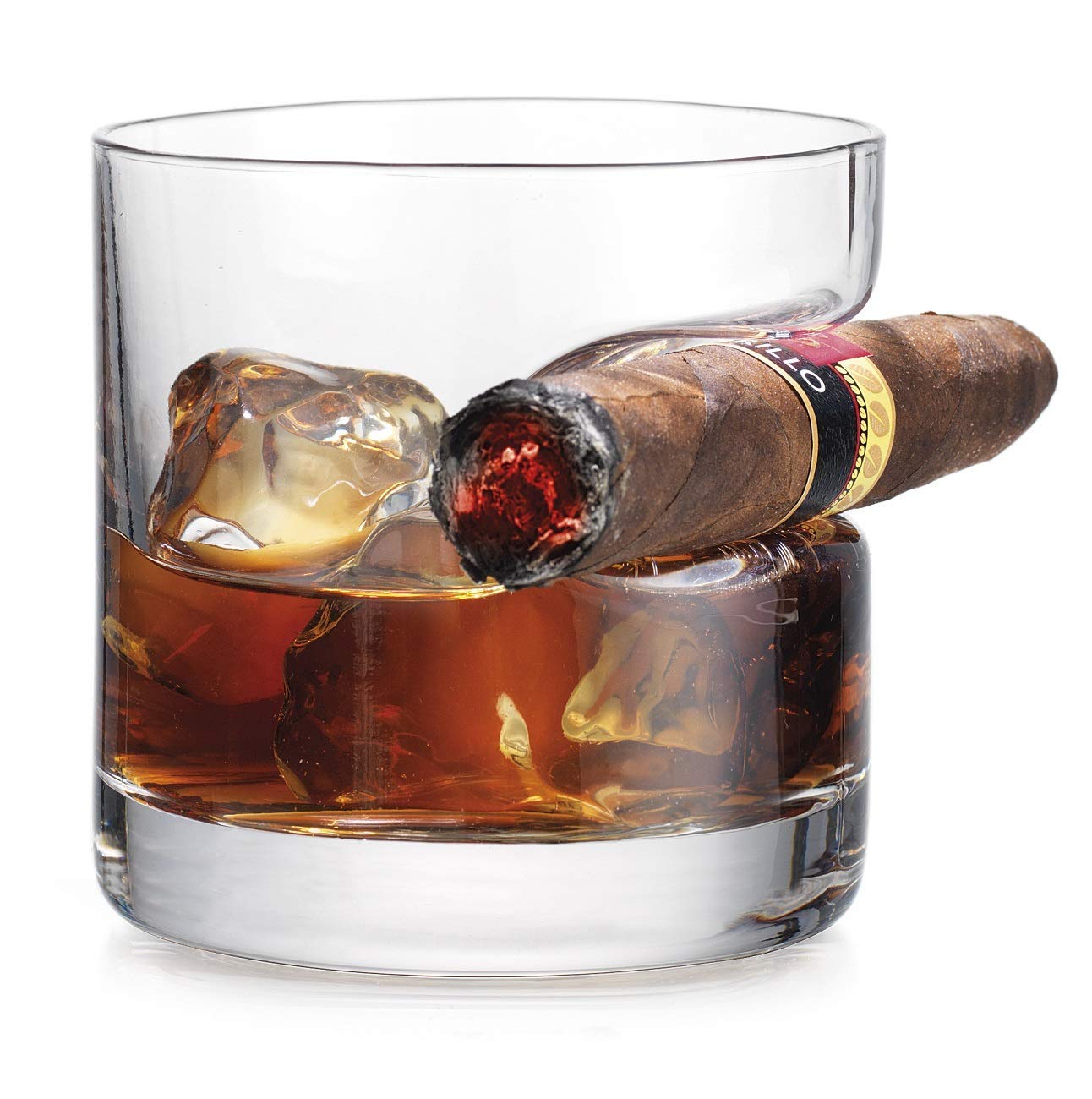 iPawde Cigar Glass Whisky Double Old Fashioned Glass with Built-in Cigar Rest, Suitable for Whiskey, Scotch, Beer, Wine (Ronde)
