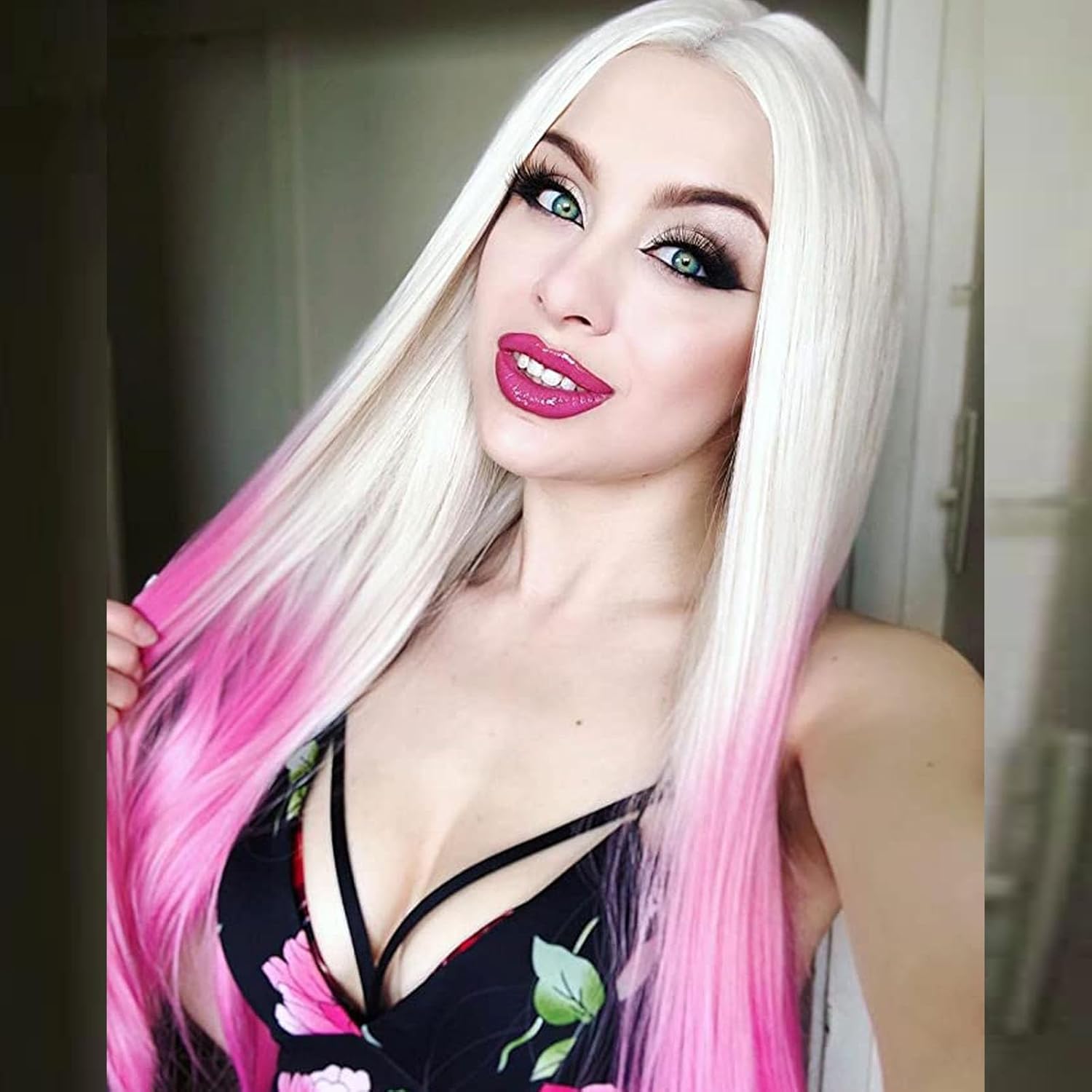 Xiweiya Platinum Blonde Pink Lace Front Wig Ombre Multi-colored Wig Pink to White Tips Silky Straight Synthetic Lace Wigs Side Part Heat Resistant Fiber for Women 24inch